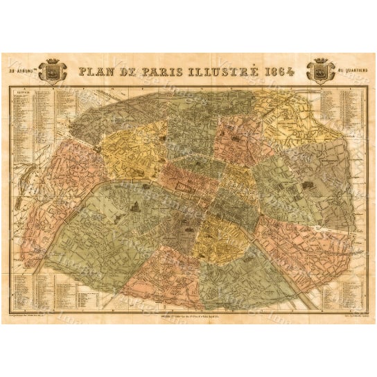 Historic Map of Paris France 1864 Garnier Vintage map Paris Monument Street wall map Fine art print  up to 42 x 56" Image 1