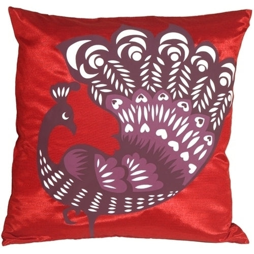 Pillow Decor - Proud Peacock Red Throw Pillow Image 1