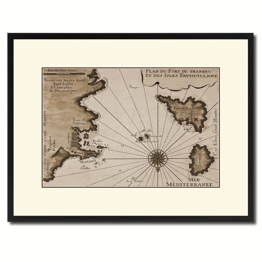 Sicily West Aegadian Islands Vintage Sepia Map Canvas Print with Picture Frame Gifts  Wall Art Decoration Image 1
