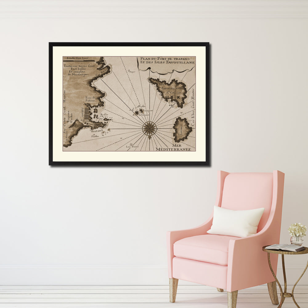 Sicily West Aegadian Islands Vintage Sepia Map Canvas Print with Picture Frame Gifts  Wall Art Decoration Image 2