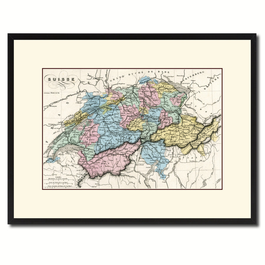 Switzerland Vintage Antique Map Wall Art  Gift Ideas Canvas Print Custom Picture Frame Image 1