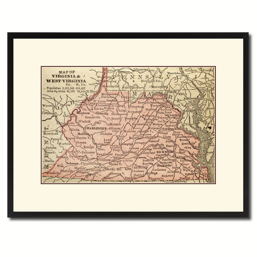 Virginia West Virginia Vintage Antique Map Wall Art  Gift Ideas Canvas Print Custom Picture Frame Image 1