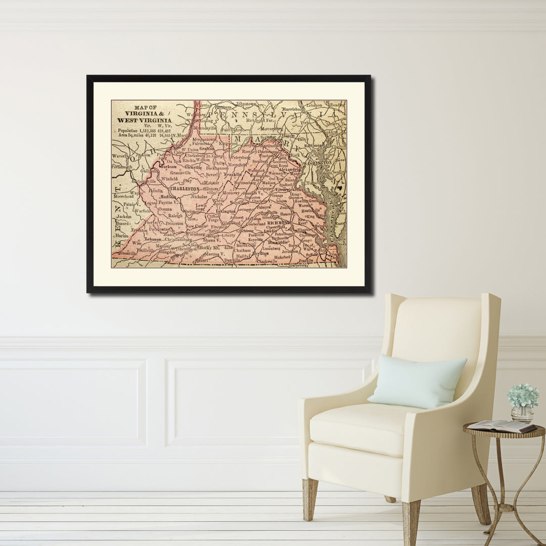 Virginia West Virginia Vintage Antique Map Wall Art  Gift Ideas Canvas Print Custom Picture Frame Image 4