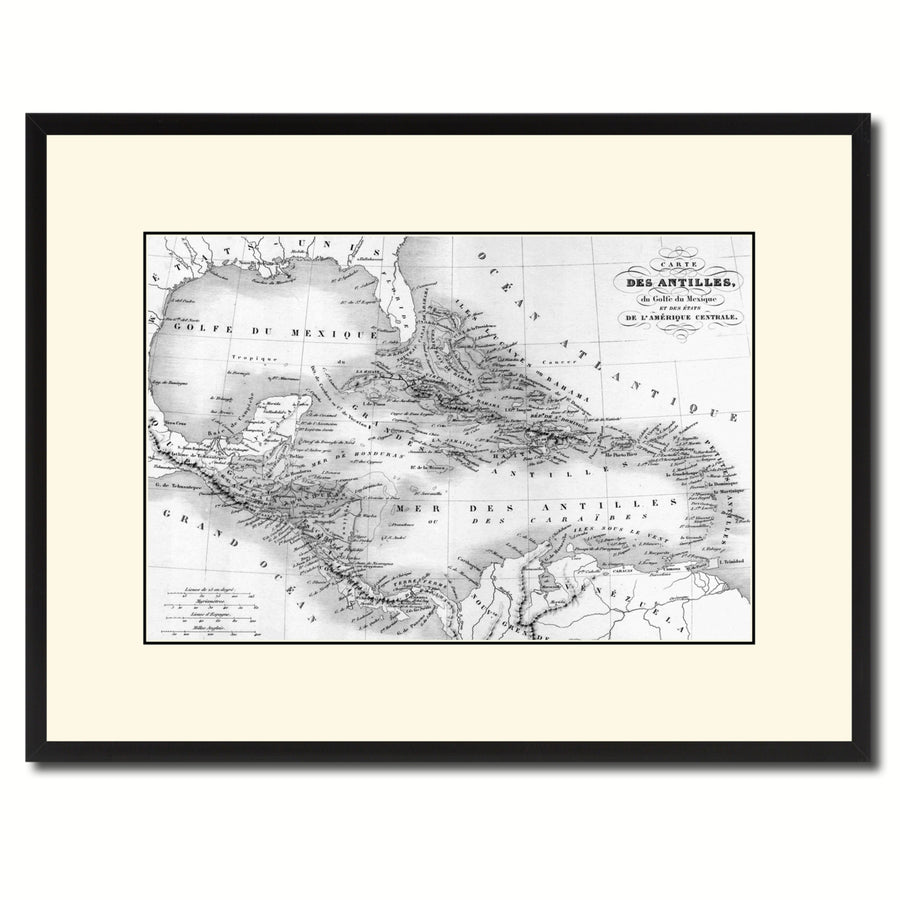 West Indies Caribbean Vintage BandW Map Canvas Print with Picture Frame  Wall Art Office Decoration Gift Ideas Image 1
