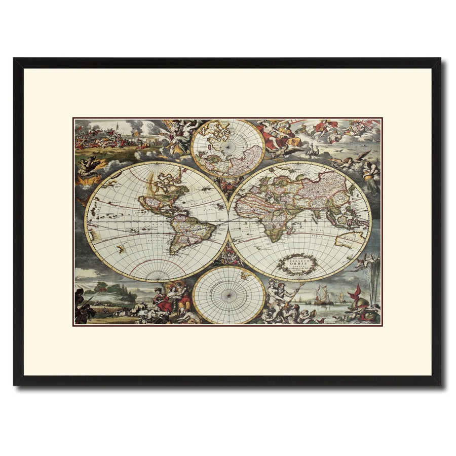 World Hemispheres Vintage Antique Map Canvas Print with Picture Frame  Wall Art Office Decoration Gift Ideas Image 1