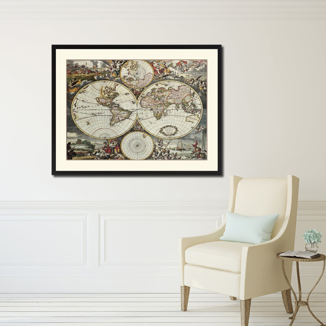 World Hemispheres Vintage Antique Map Canvas Print with Picture Frame  Wall Art Office Decoration Gift Ideas Image 4