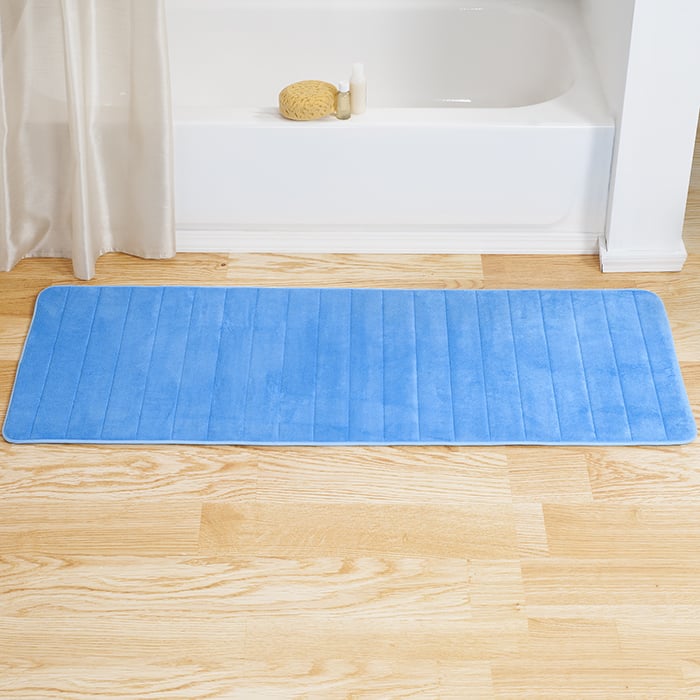 Lavish Home Memory Foam Striped Extra Long Bath Mat - Blue - 24x60 Image 1