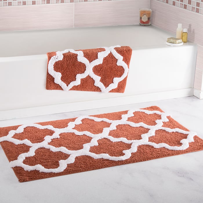 Lavish Home 100% Cotton 2 Piece Trellis Bathroom Mat Set - Brick Image 1