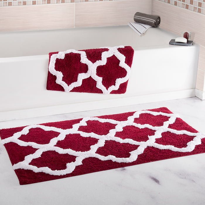Lavish Home 100% Cotton 2 Piece Trellis Bathroom Mat Set - Burgundy Image 1