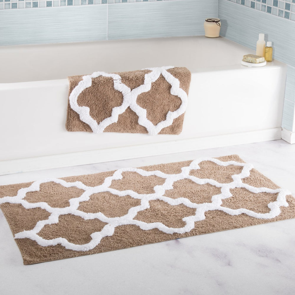 Lavish Home 100% Cotton 2 Piece Trellis Bathroom Mat Set - Taupe Image 2