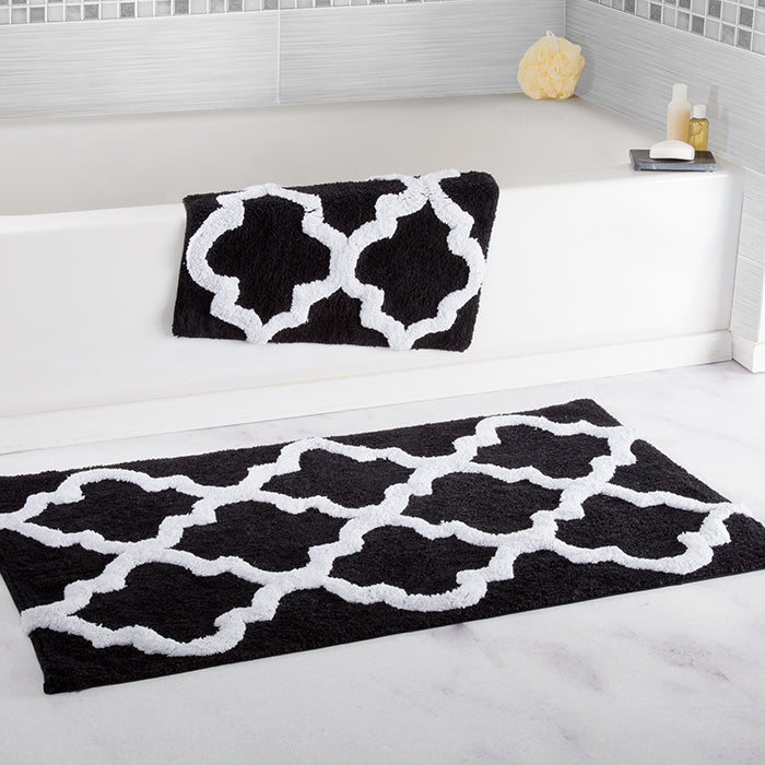 Lavish Home 100% Cotton 2 Piece Trellis Bathroom Mat Set - Black Image 1