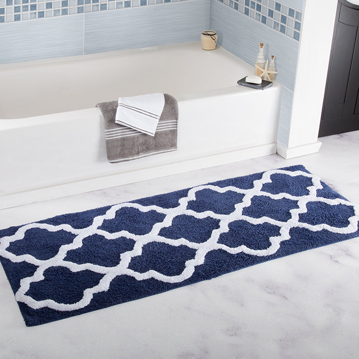 Lavish Home 100% Cotton Trellis Bathroom Mat - 24x60 inches - Navy Image 1