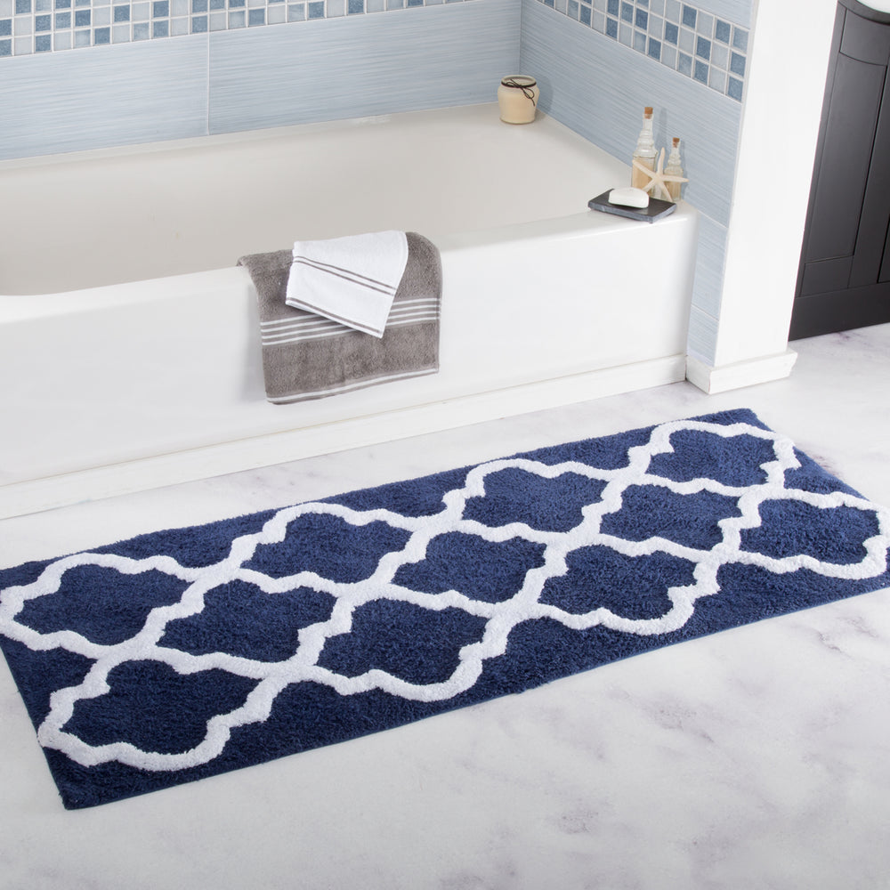 Lavish Home 100% Cotton Trellis Bathroom Mat - 24x60 inches - Navy Image 2