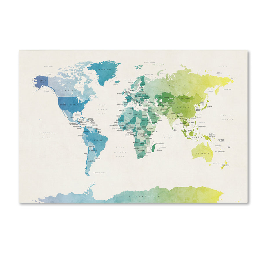 Michael Tompsett Watercolour Political Map of the World 2 Canvas Art 16 x 24 Image 1