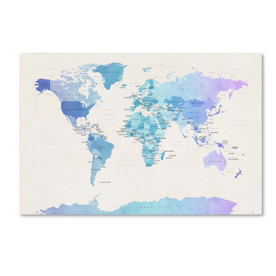 Michael Tompsett Watercolour Political Map of the World Canvas Art 16 x 24 Image 1