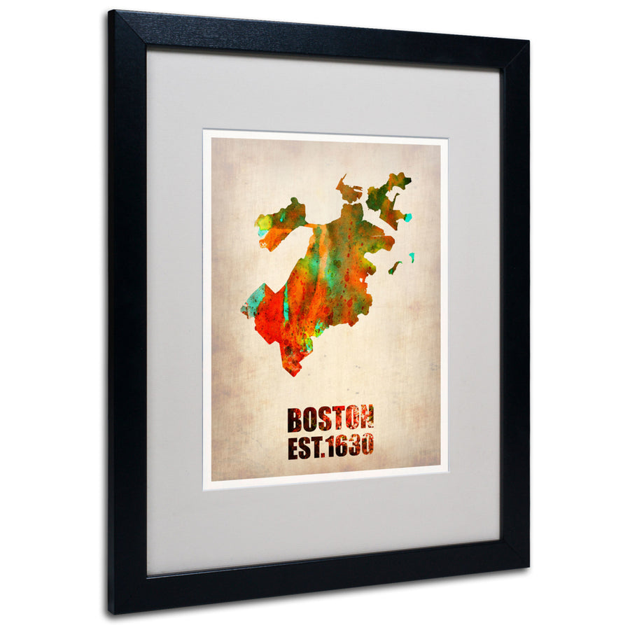 Naxart Boston Watercolor Map Black Wooden Framed Art 18 x 22 Inches Image 1