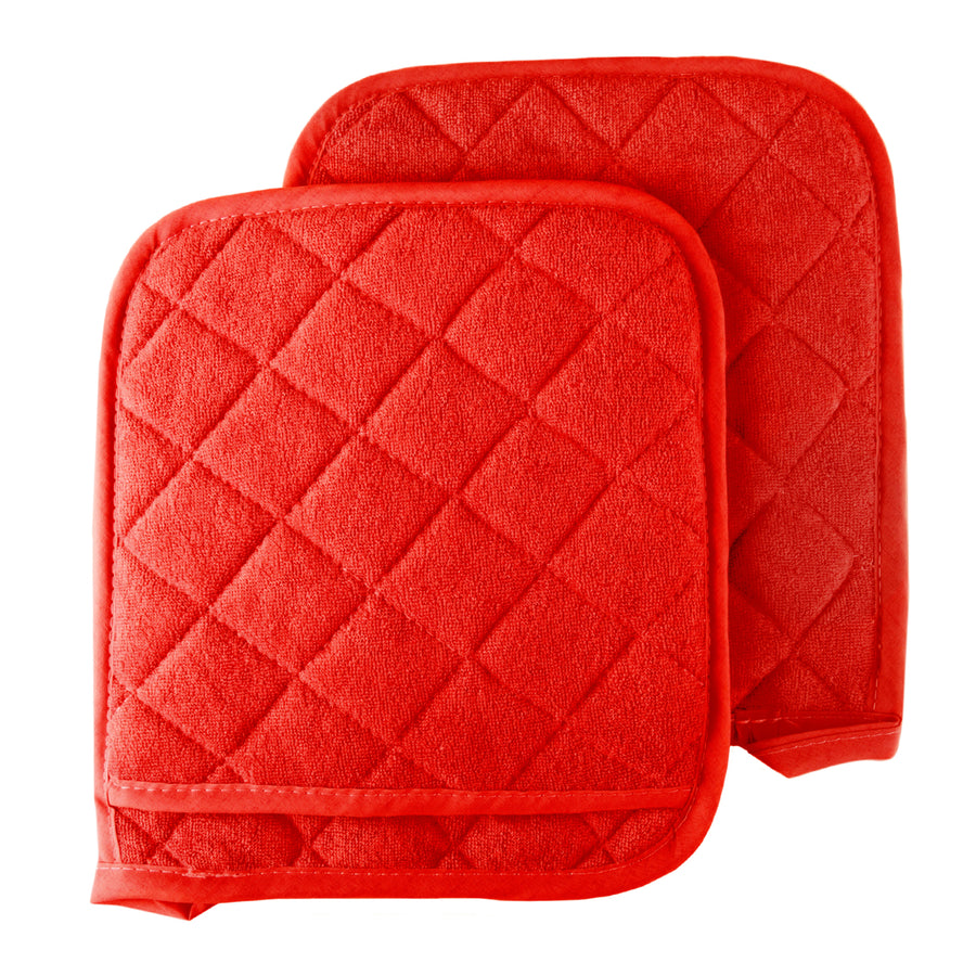 Set of 2 Cotton Pot Holders Flame Heat Protection Big Oven Mitts 8 x 9 Red Image 1