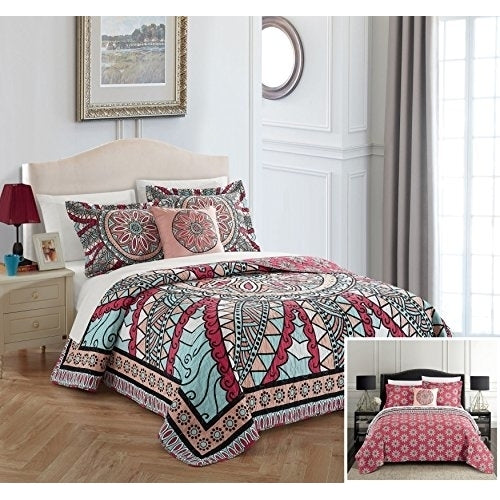 Chic Home 4 Pc. Hakan 100% Cotton 200 Thread Count XL Panel Framed Vintage Boho Printed REVERSIBLE Quilt Set w/ Shams Image 1