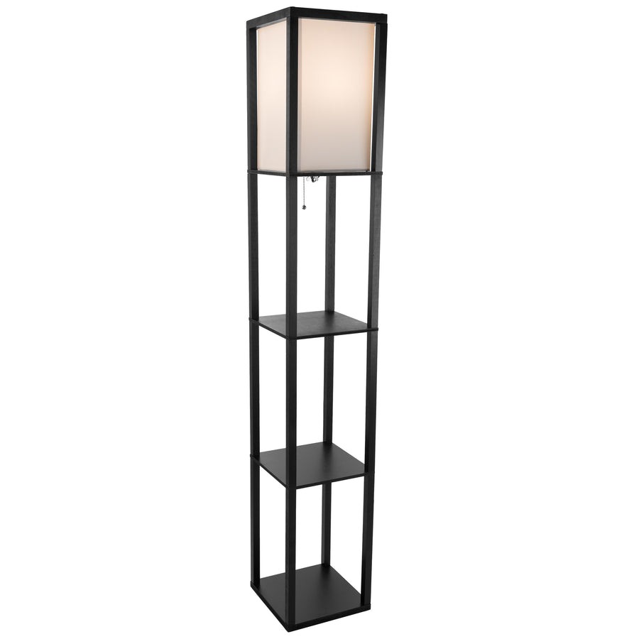 Etagere Black Floor Lamp Fabric Shade Ambient LED Light 3 Shelves Decor Elegant Image 1