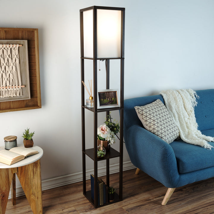 Etagere Dark Floor Lamp Fabric Shade Ambient LED Light 3 Shelves Decor Elegant Image 4