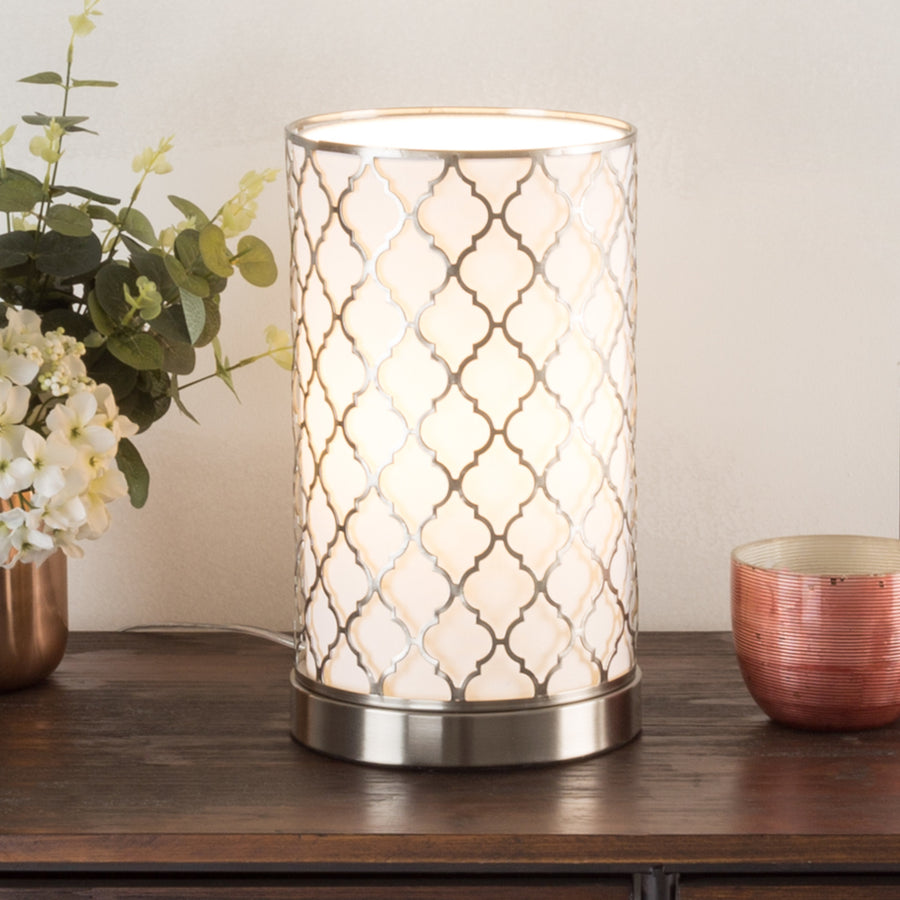 Table Light 11 Inch Metal Quatrefoil Pattern Fabric Shade LED Bulb Included Image 1