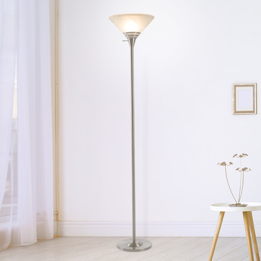 Torchiere Brushed Silver Metal Floor Lamp 75 Inch LED Bulb Frosted Glass Shade Image 1