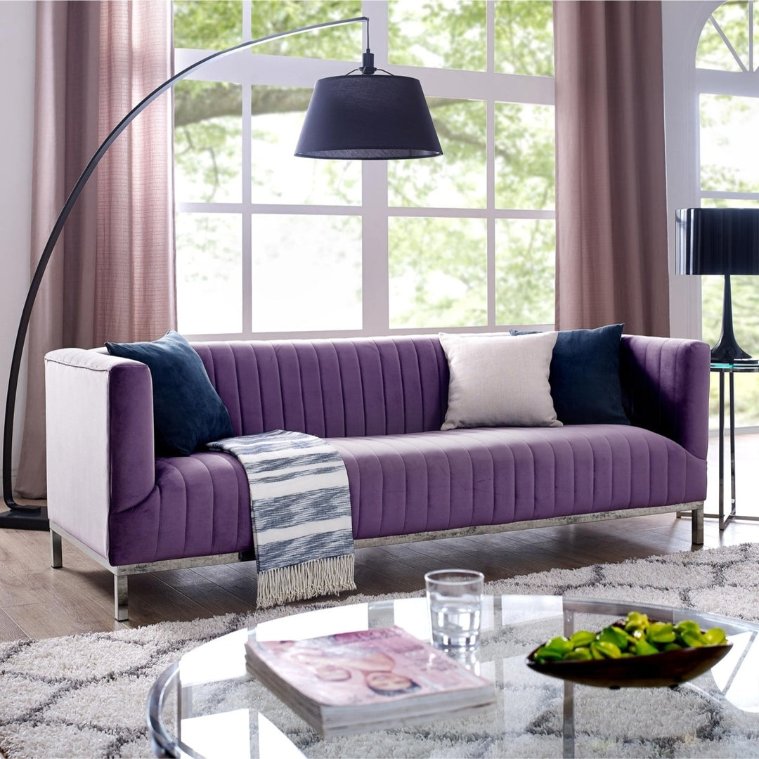 Franco Velvet Tuxedo Sofa-Chrome Y-Legs-Stainless Steel-Line Stitch-Modern-Contemporary-Inspired Home Image 4