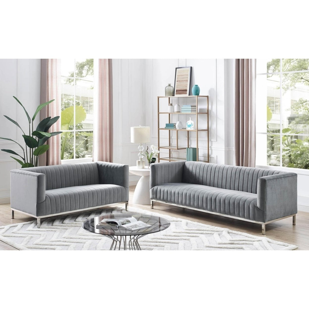 Franco Velvet Tuxedo Sofa-Chrome Y-Legs-Stainless Steel-Line Stitch-Modern-Contemporary-Inspired Home Image 5