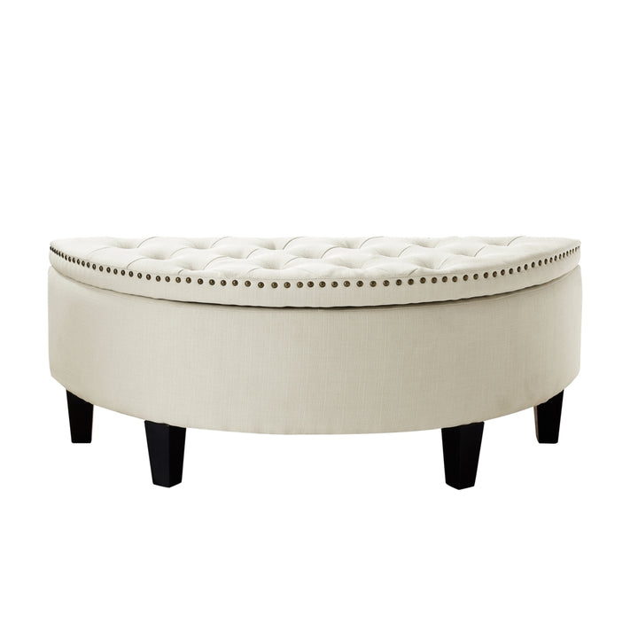 Leandra Linen or Velvet Storage Ottoman-Half Moon-Upholstered-Tufted-Nailhead Trim- Modern and Functional by Inspired Image 7