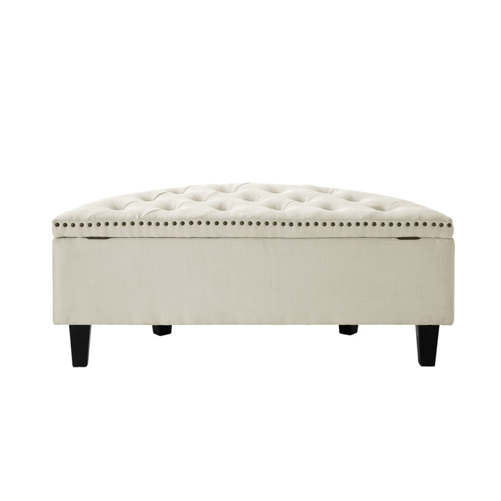 Leandra Linen or Velvet Storage Ottoman-Half Moon-Upholstered-Tufted-Nailhead Trim- Modern and Functional by Inspired Image 9
