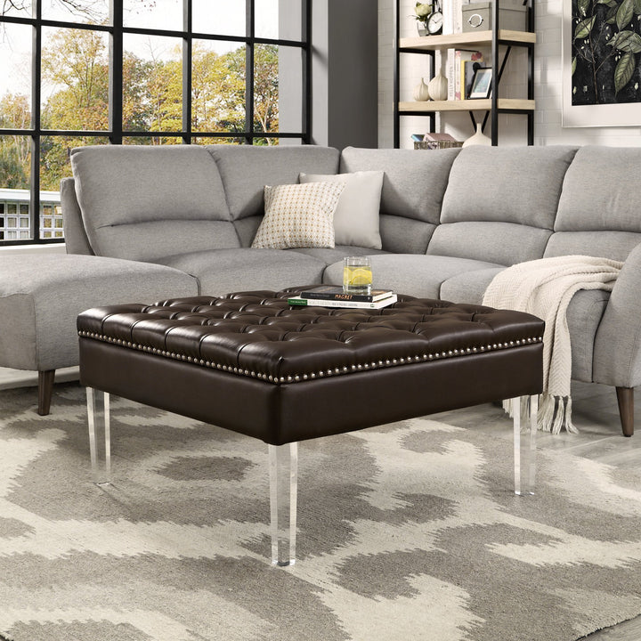 Claretta PU Leather Acrylic Ottoman-Cocktail Coffee Table-Square Tufted-Modern and Functional by Inspired Home Image 4