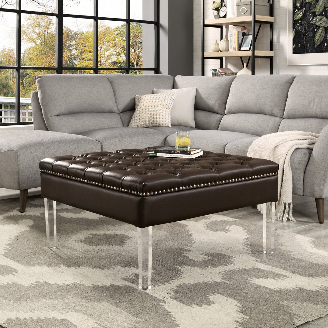 Claretta PU Leather Acrylic Ottoman-Cocktail Coffee Table-Square Tufted-Modern and Functional by Inspired Home Image 1