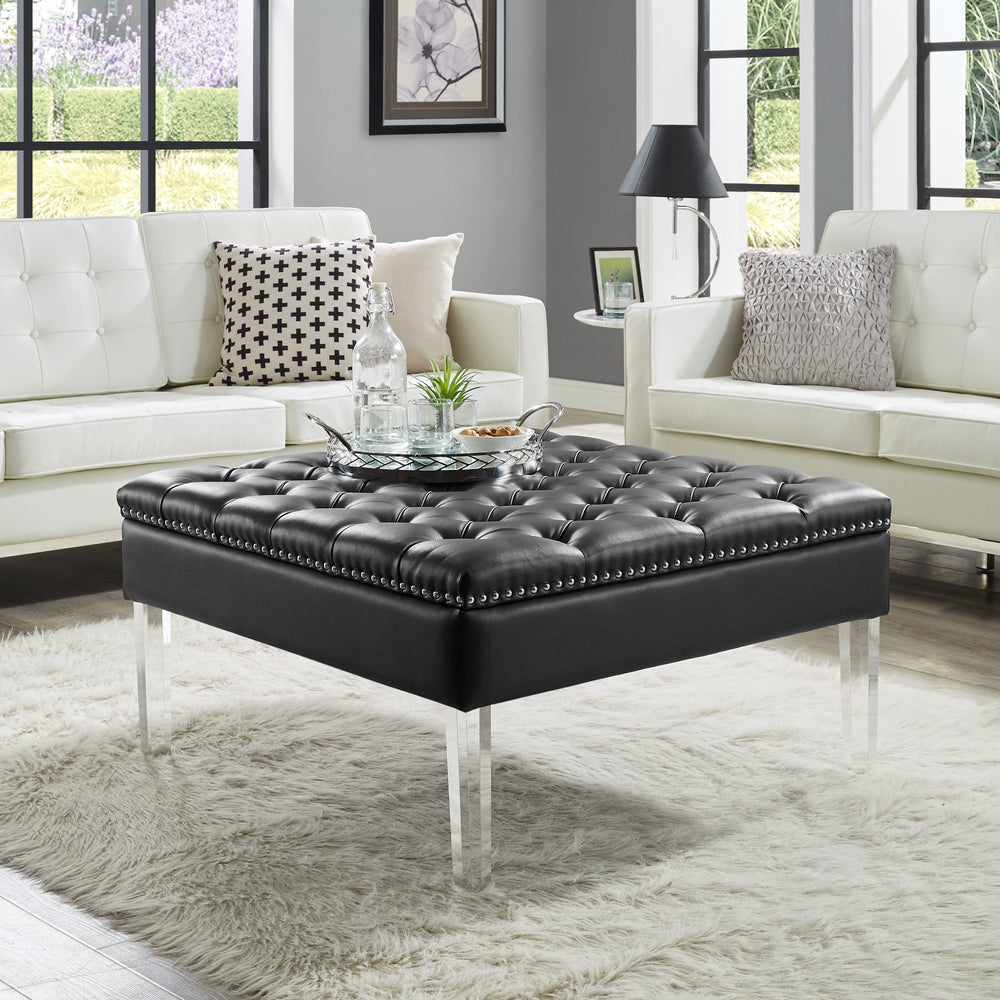 Claretta PU Leather Acrylic Ottoman-Cocktail Coffee Table-Square Tufted-Modern and Functional by Inspired Home Image 2