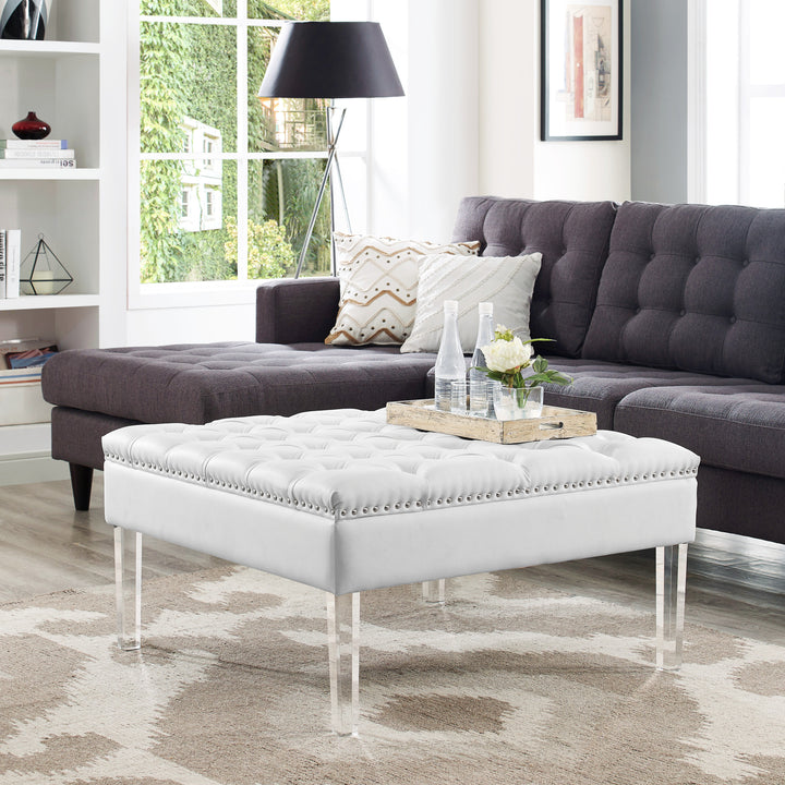 Claretta PU Leather Acrylic Ottoman-Cocktail Coffee Table-Square Tufted-Modern and Functional by Inspired Home Image 3