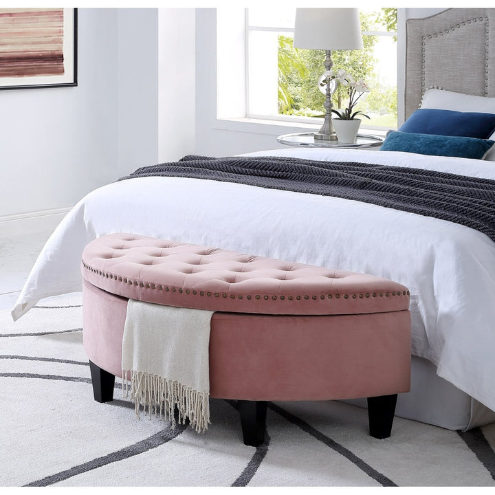Leandra Linen or Velvet Storage Ottoman-Half Moon-Upholstered-Tufted-Nailhead Trim- Modern and Functional by Inspired Image 1