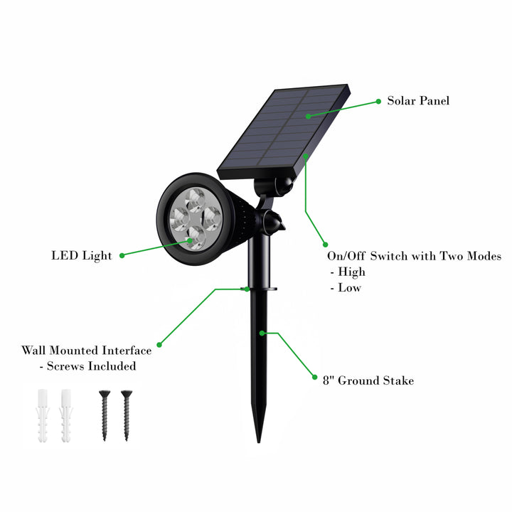 Solar Powered Outdoor Spotlights -Set of 2 Landscape Lights-Ground Stakes or Wall Mountable, 4 LED Bulbs-For Pathway, Image 4