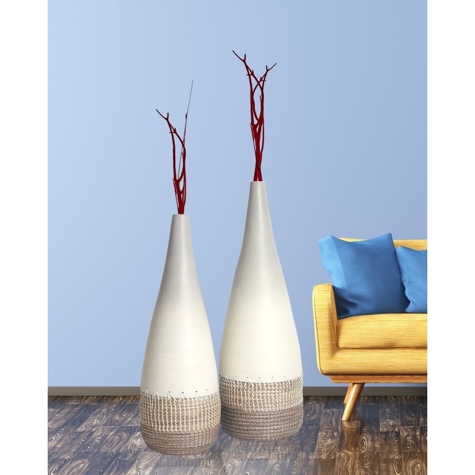 Tall Handwoven Bamboo and Seagrass Floor Vase: Eco-Friendly Home Dcor Accent - Organic Coastal Boho Chic Decoration Image 2