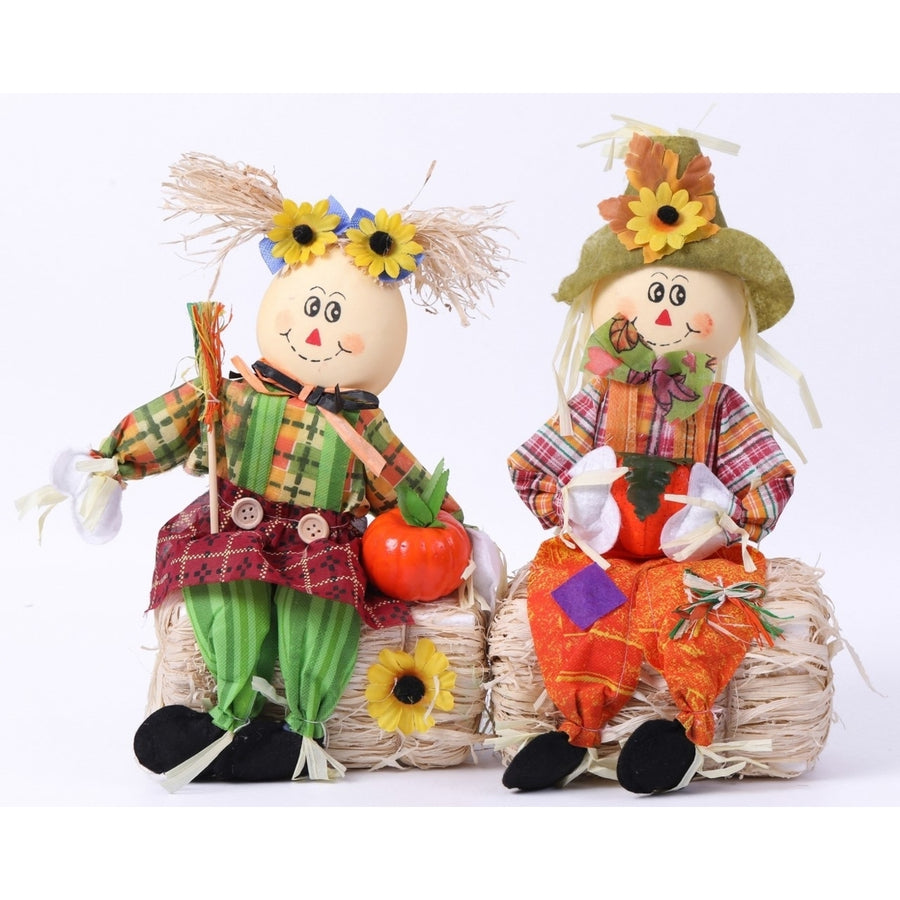 Gardenised 13" Boy and Girl Duo Scarecrow Elegantly Seated on a Rustic Hay Bales - Enjoy the Magic they Bring and Let Image 1