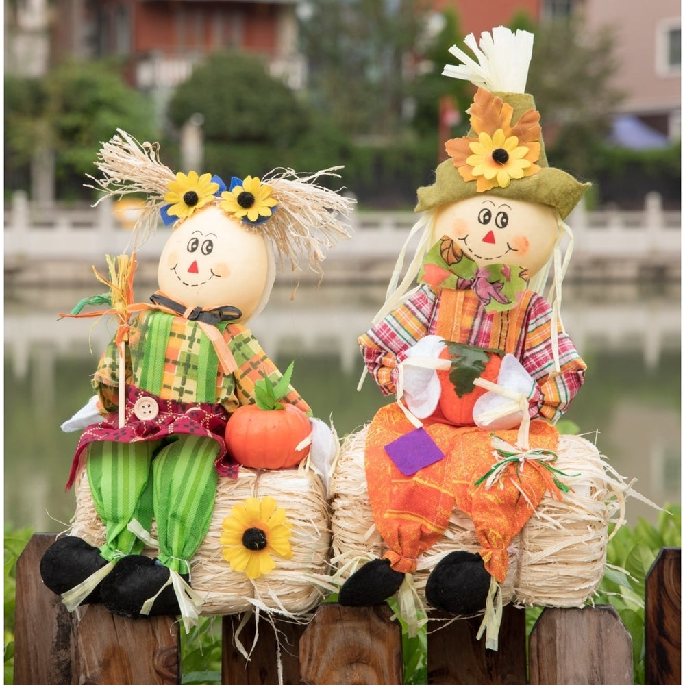 Gardenised 13" Boy and Girl Duo Scarecrow Elegantly Seated on a Rustic Hay Bales - Enjoy the Magic they Bring and Let Image 2