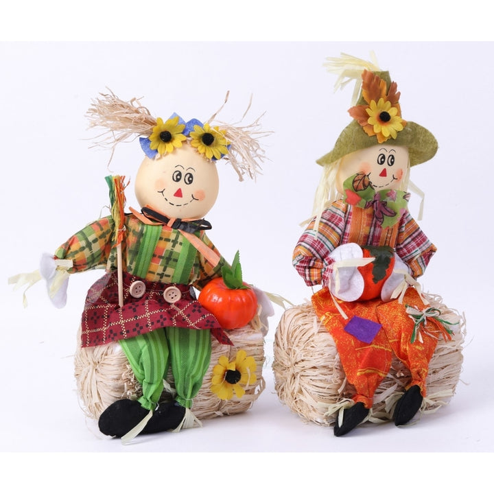 Gardenised 13" Boy and Girl Duo Scarecrow Elegantly Seated on a Rustic Hay Bales - Enjoy the Magic they Bring and Let Image 3