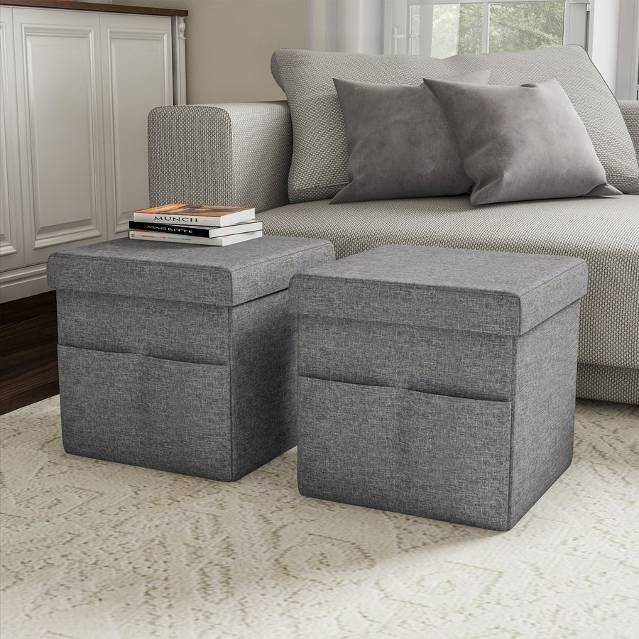 Set of 2 Foot Stool Storage Ottoman Seats Folding with Lids 15 x 15 In with Pockets Image 1