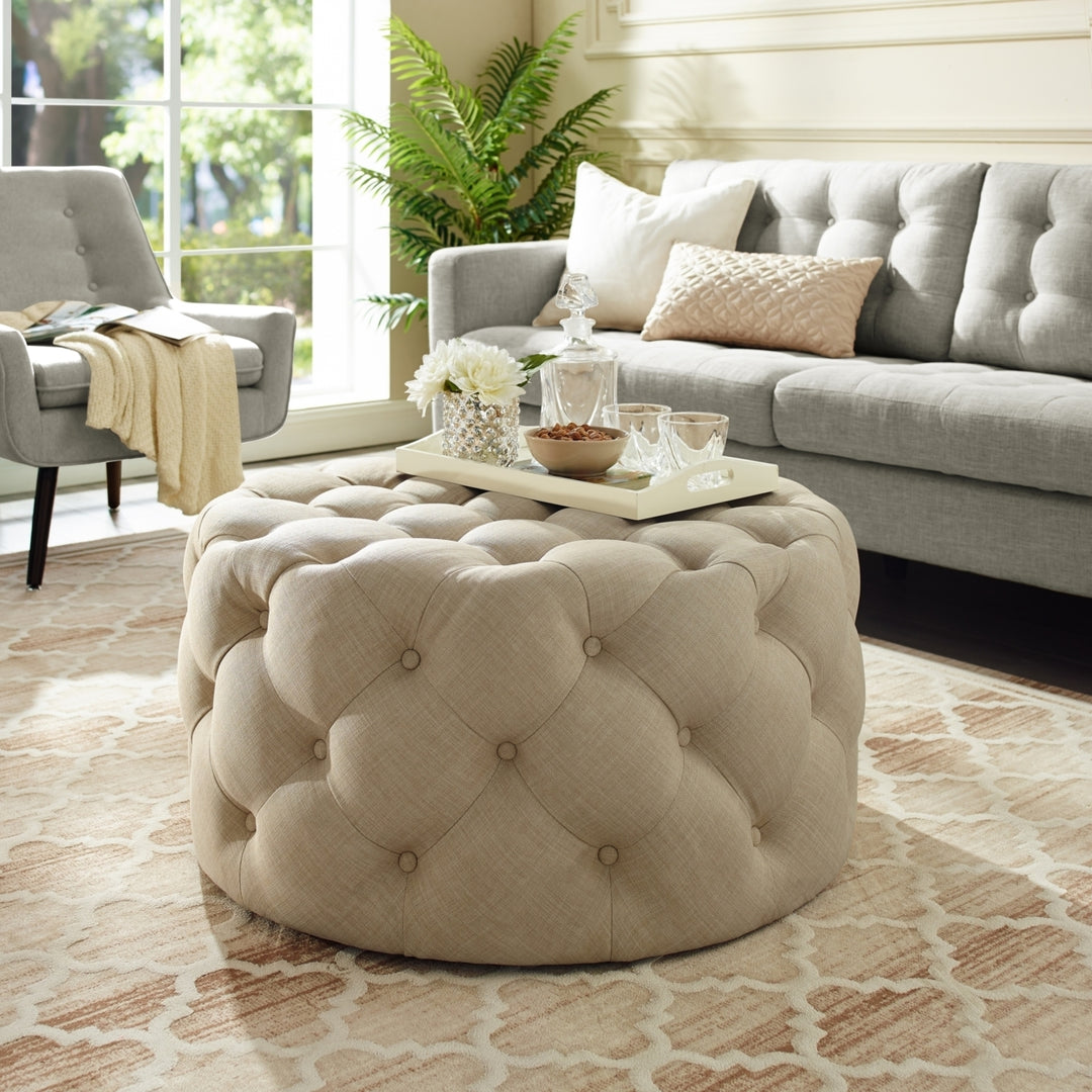 Desiree Velvet or Linen Cocktail Ottoman-Allover Tufted-Round-Castered Legs-By Inspired Home Image 4