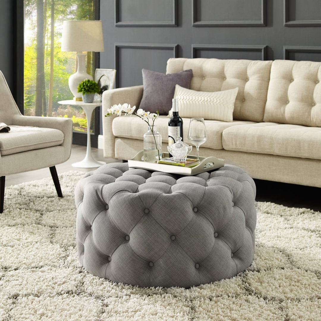 Desiree Velvet or Linen Cocktail Ottoman-Allover Tufted-Round-Castered Legs-By Inspired Home Image 1