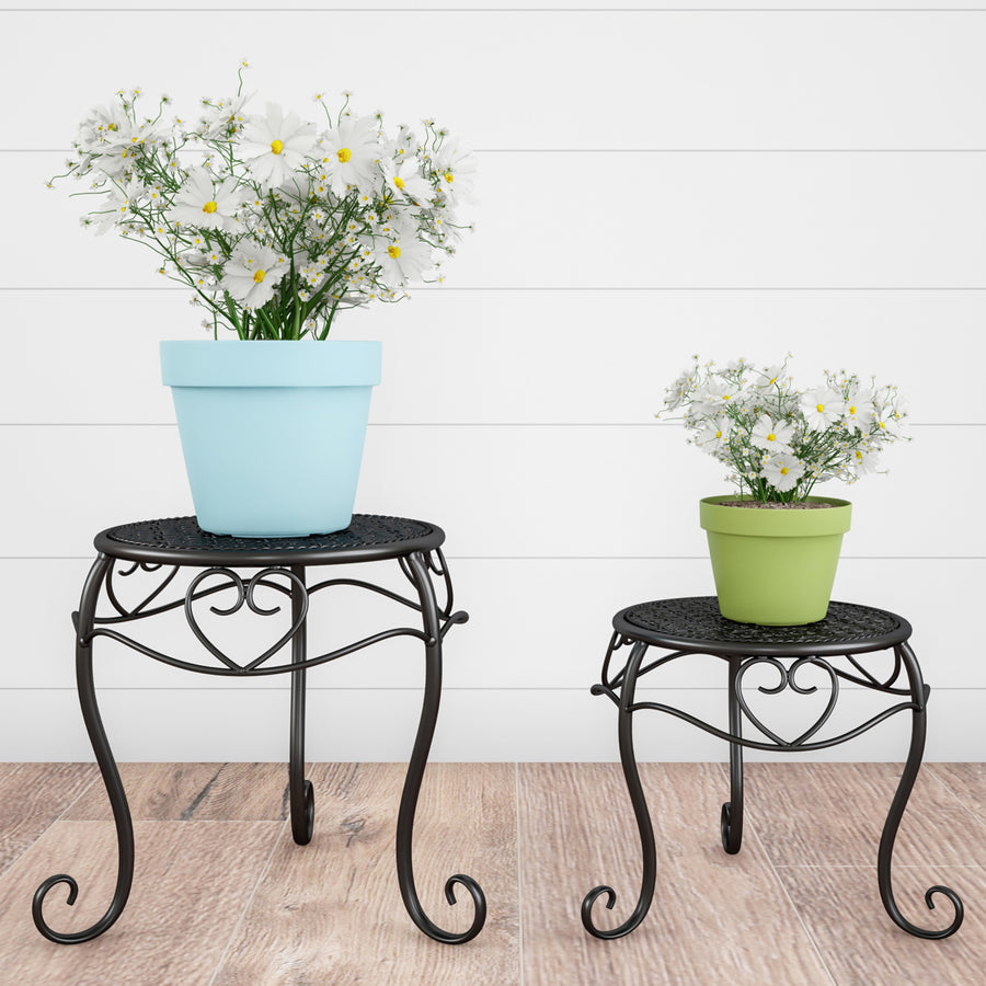 Plant Stands Set of 2 Black Indoor or Outdoor Nesting Wrought Iron Inspired Metal Round Decorative Potted Plant Display Image 1