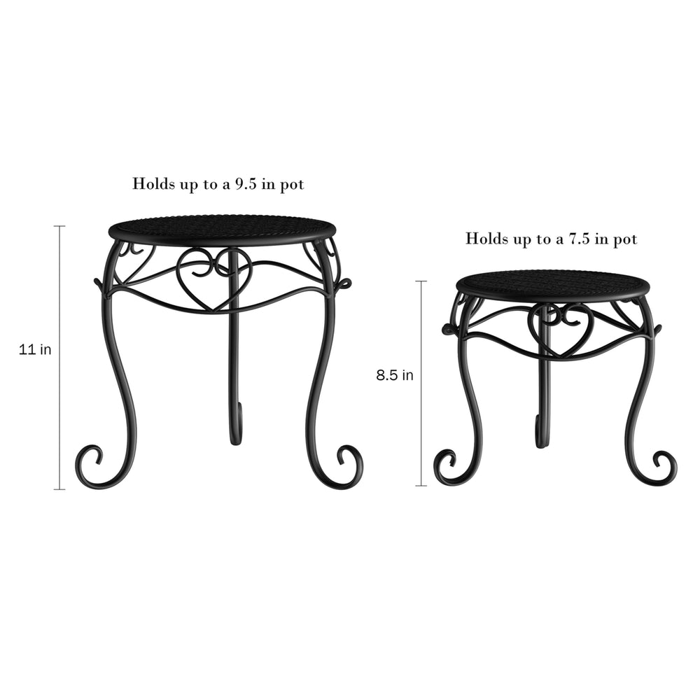 Plant Stands Set of 2 Black Indoor or Outdoor Nesting Wrought Iron Inspired Metal Round Decorative Potted Plant Display Image 2