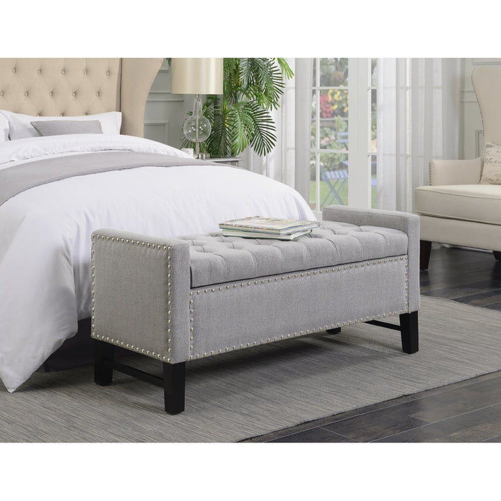 Michael Linen Modern Contemporary Button Tufted with Silver Nailheads Deco on Frame Storage Lid Bench Image 1