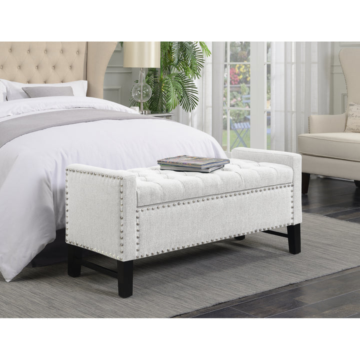 Michael Linen Modern Contemporary Button Tufted with Silver Nailheads Deco on Frame Storage Lid Bench Image 4