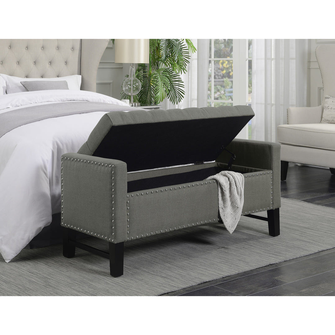 Michael Linen Modern Contemporary Button Tufted with Silver Nailheads Deco on Frame Storage Lid Bench Image 5