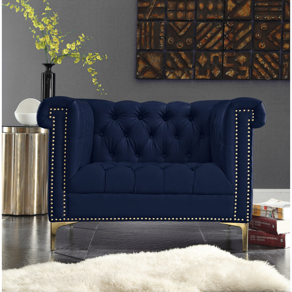 MacArthur PU Leather Modern Contemporary Button Tufted with Gold Nailhead Trim Goldtone Metal Y-leg Club Chair Image 2