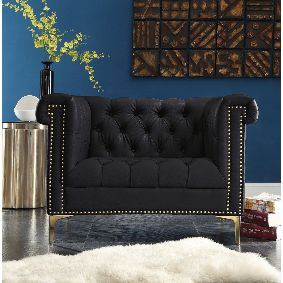 MacArthur PU Leather Modern Contemporary Button Tufted with Gold Nailhead Trim Goldtone Metal Y-leg Club Chair Image 3